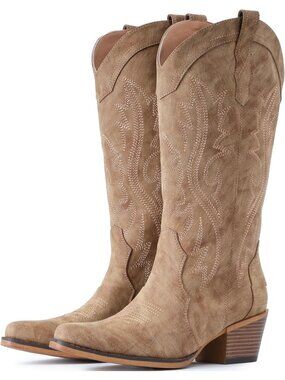 Women's Yellow Brown Mid Calf Snip Toe Western Cowgirl Faux Leather Heeled Boots